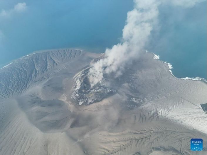 Photos taken from drones show the flow of material erupting from Anak Krakatau volcano in Lampung province, Indonesia on September 6, 2026. Photo: Xinhua