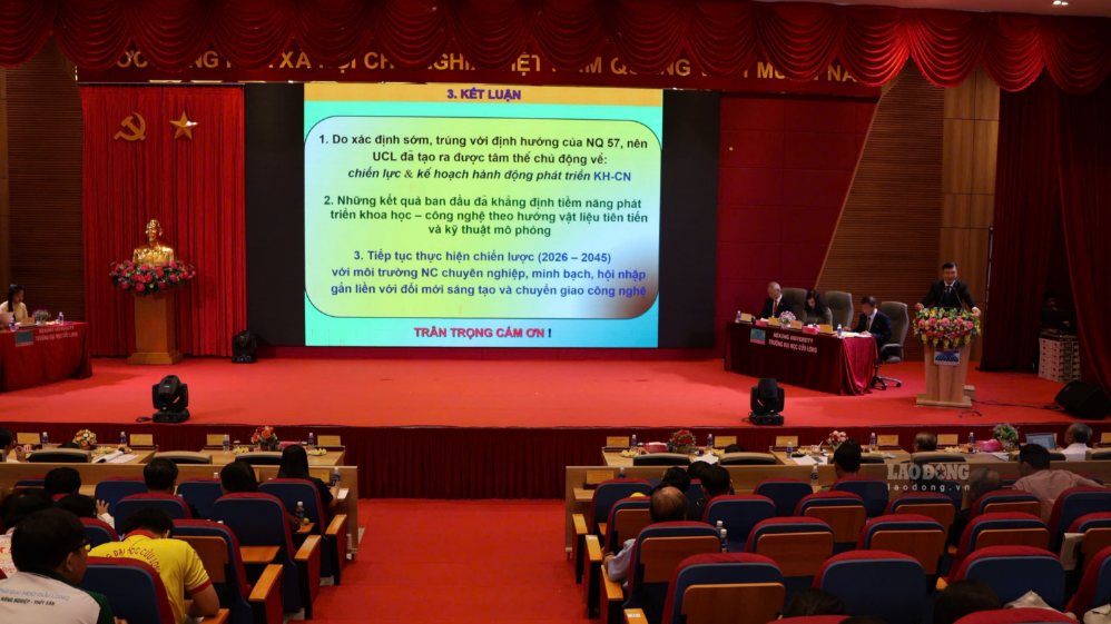 Quang cảnh hội nghị sơ kết công tác triển khai thực hiện Nghị quyết số 57-NQ/TW tại Trường Đại học Cửu Long. Ảnh chụp ngày 11.9.2026 tại Trường Đại học Cửu Long. Ảnh: Hoàng Lộc