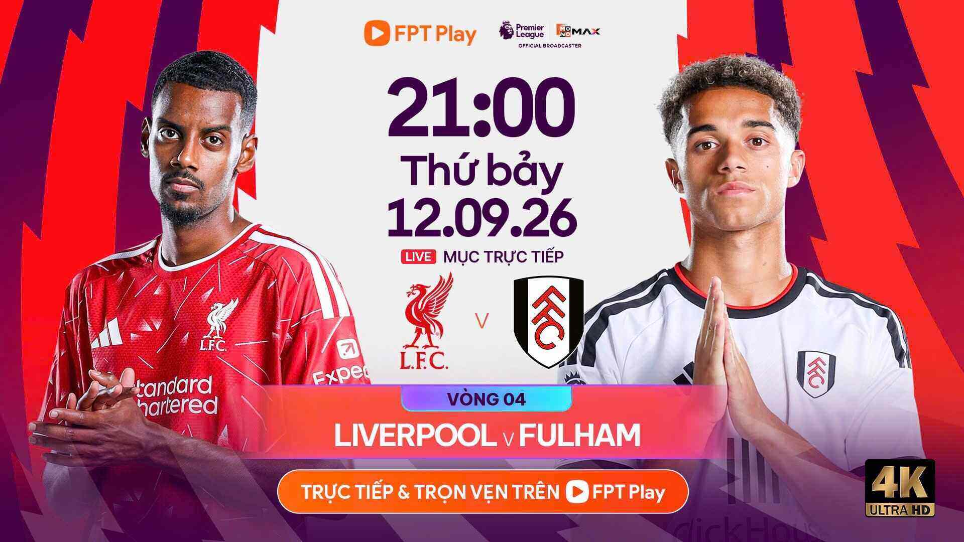 프리미어 리그 리버풀 대 풀럼 축구 생중계 링크. 사진: FPT Play