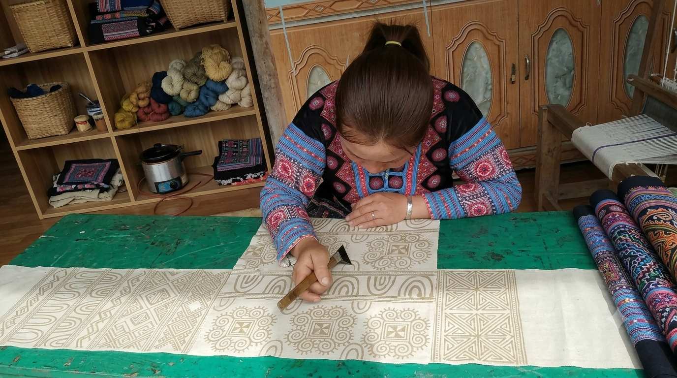 Chị Sùng Y Nông, Pà Cò, Phú Thọ đang vẽ khéo léo vẽ hoa văn bằng sáp ong. Ảnh chụp tháng 9/2026 : Việt Anh