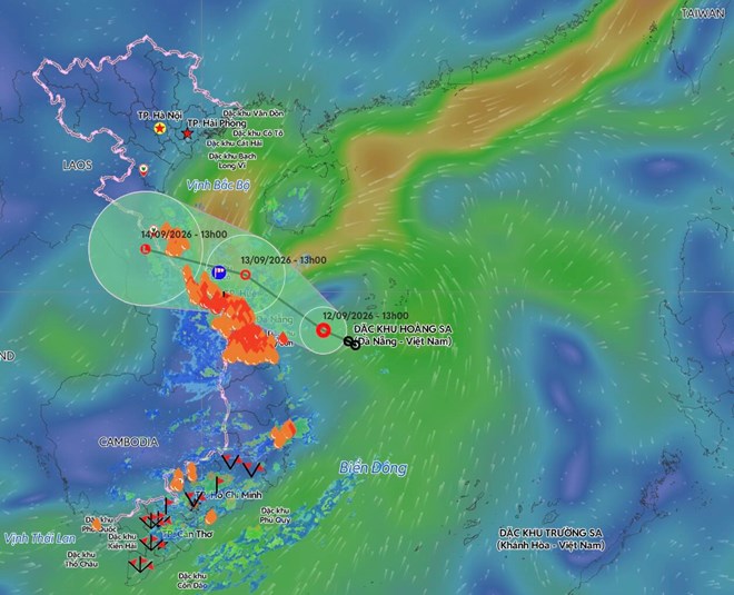 Mise à jour de la position et de la trajectoire de la dépression tropicale dans l'après-midi du 12. 9. Photo: Système vietnamien de surveillance des catastrophes naturelles
