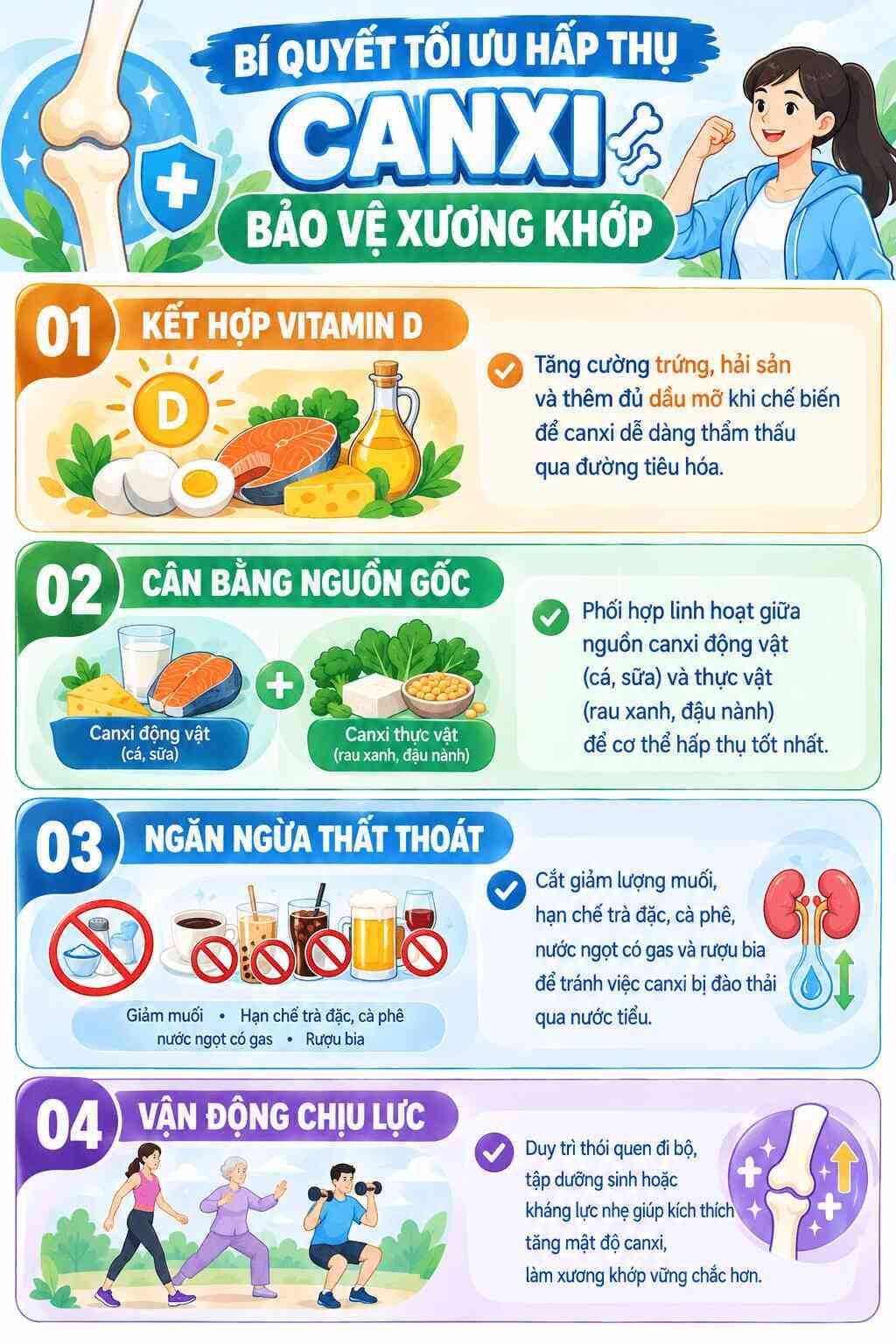 Infographic: 4 nguyên tắc quan trọng giúp cơ thể hấp thụ tối đa lượng canxi bảo vệ xương khớp. Đồ họa: AI