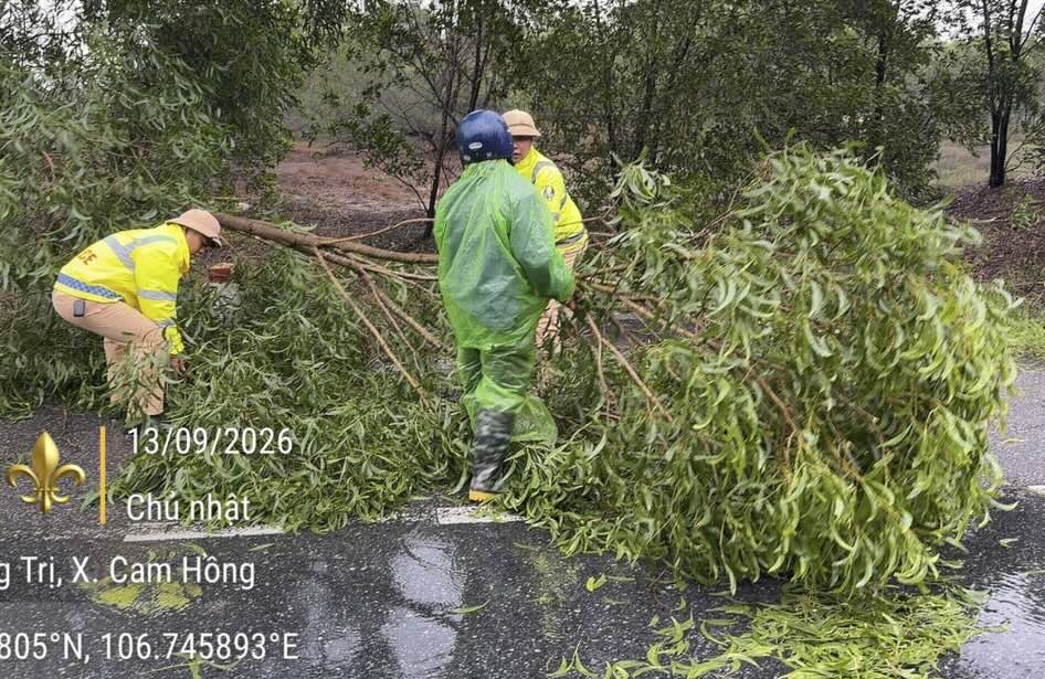 La police de la circulation et les habitants dégagent les arbres tombés pour bloquer la route de contournement des inondations à Quảng Trị le 13 septembre. Photo: Département de la police de la circulation de la police provinciale de Quảng Trị