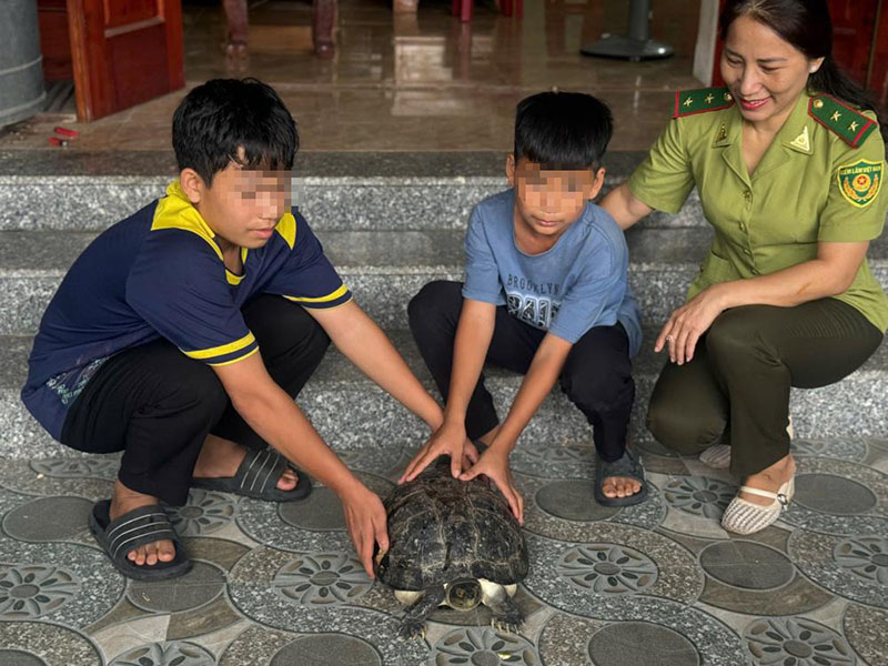 Los dos niños Nhan y Khanh descubrieron una tortuga en la zona del río Rao Cai (Ha Tinh). Foto: Portal de Información Electrónica de la Policía Provincial de Ha Tinh