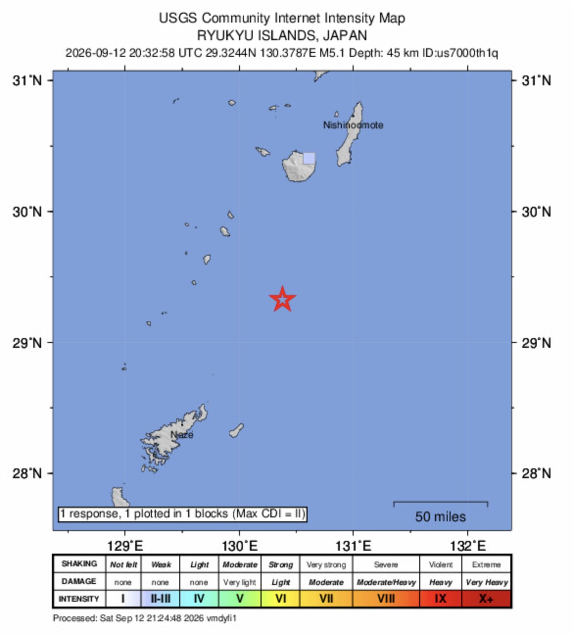 La carte montre que l'épicentre du tremblement de terre de magnitude 5,1 s'est produit dans la région des îles Ryukyu, au Japon, à 20h32 le 12 septembre (heure UTC), à une profondeur d'environ 45 km. Photo: USGS