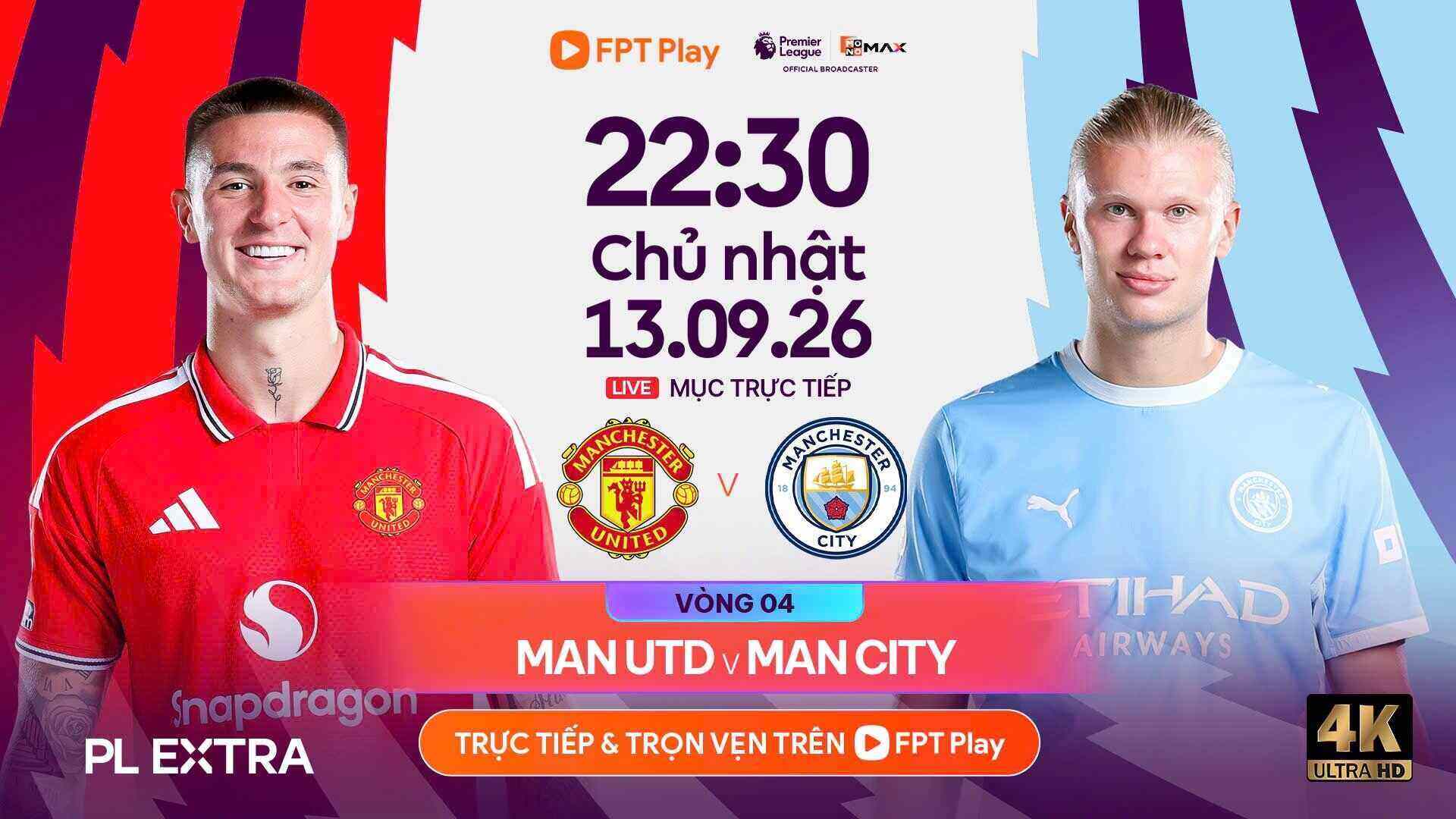 Live Man United vs Man City in the Premier League on FPT Play. Photo: FPT Play