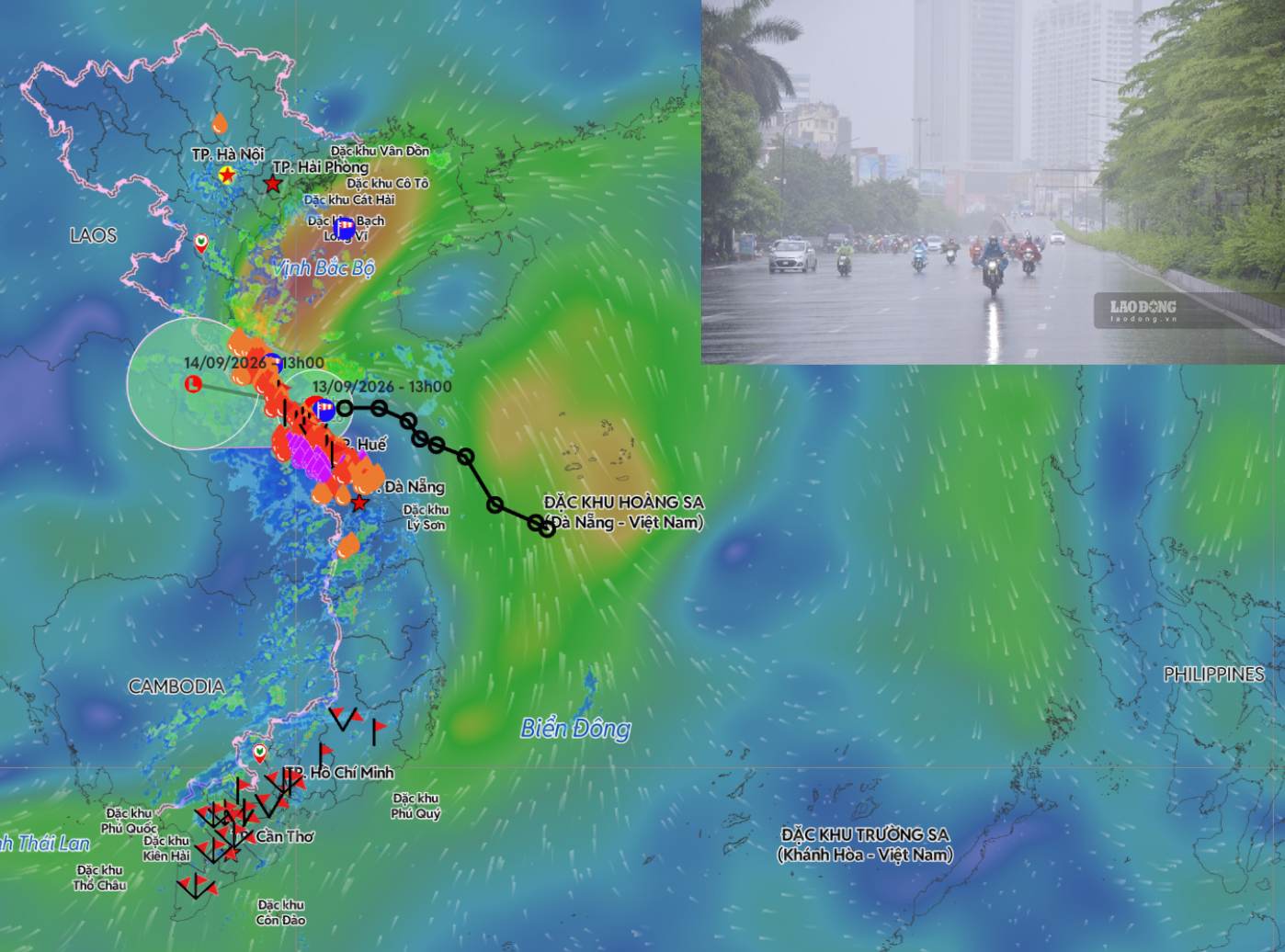 Mise à jour de la position et de la trajectoire de la dépression tropicale dans l'après-midi du 13 septembre. Photo: Système vietnamien de surveillance des catastrophes naturelles