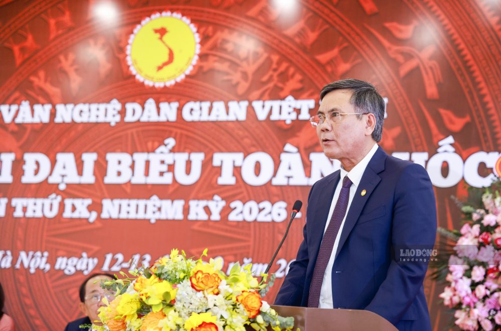 Ông Trần Thắng, Ủy viên Ban Thường vụ Đảng ủy MTTQ, các đoàn thể Trung ương, Phó Chủ tịch Ủy ban Trung ương MTTQ Việt Nam phát biểu tại Đại hội. Ảnh: Hải Nguyễn