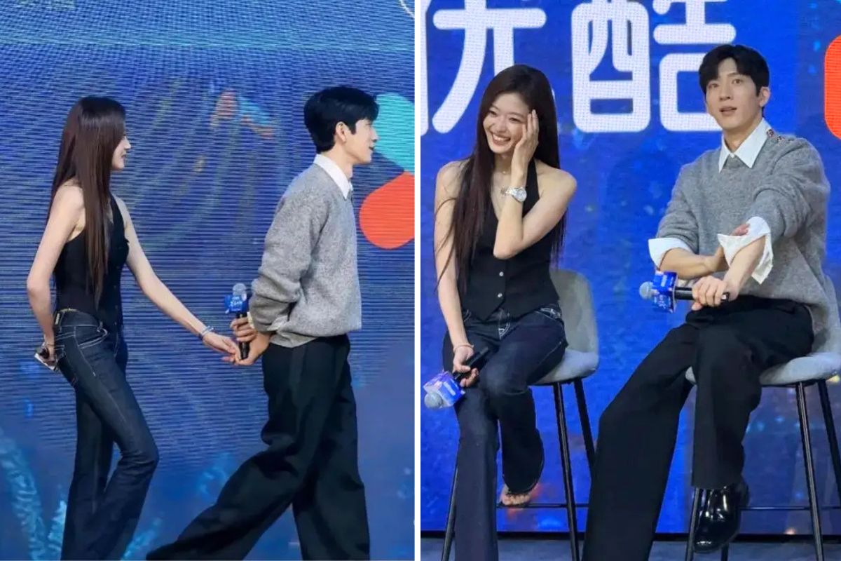 Tôn Thiên và Tỉnh Bách Nhiên tái hiện cảnh nắm tay lén lút trong phim. Ảnh: Xinhua