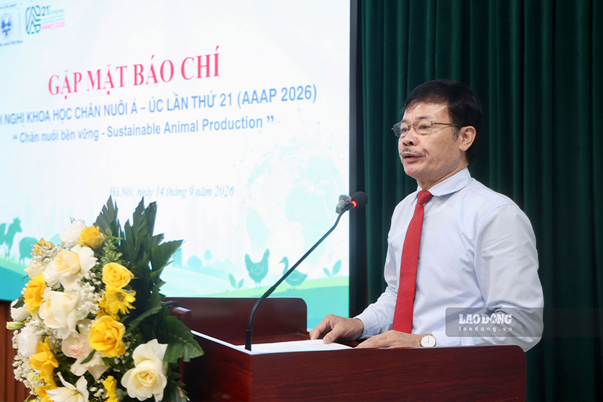 TS.Nguyễn Xuân Dương - Chủ tịch Hội Chăn nuôi Việt Nam phát biểu tại sự kiện ngày 14.9.2026. Ảnh: Dương Anh