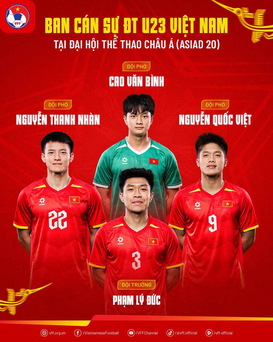 2026 아시안게임 베트남 U23 대표팀 간부진은 팜리득, 까오반빈, 응우옌비엣, 응우옌탄냔으로 구성됩니다. 사진: VFF