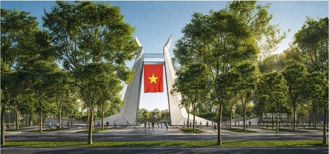 Phối cảnh công trình Khải hoàn môn tại Quảng trường Đông Kinh Nghĩa Thục bên hồ Hoàn Kiếm (hồ Gươm). Ảnh: UBND TP Hà Nội