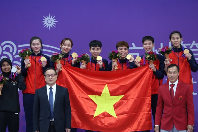 Đội cầu mây nữ Việt Nam từng giành huy chương vàng nội dung đồng đội 4 người tại ASIAD 19 năm 2023 ở Trung Quốc. Ảnh: Bùi Lượng