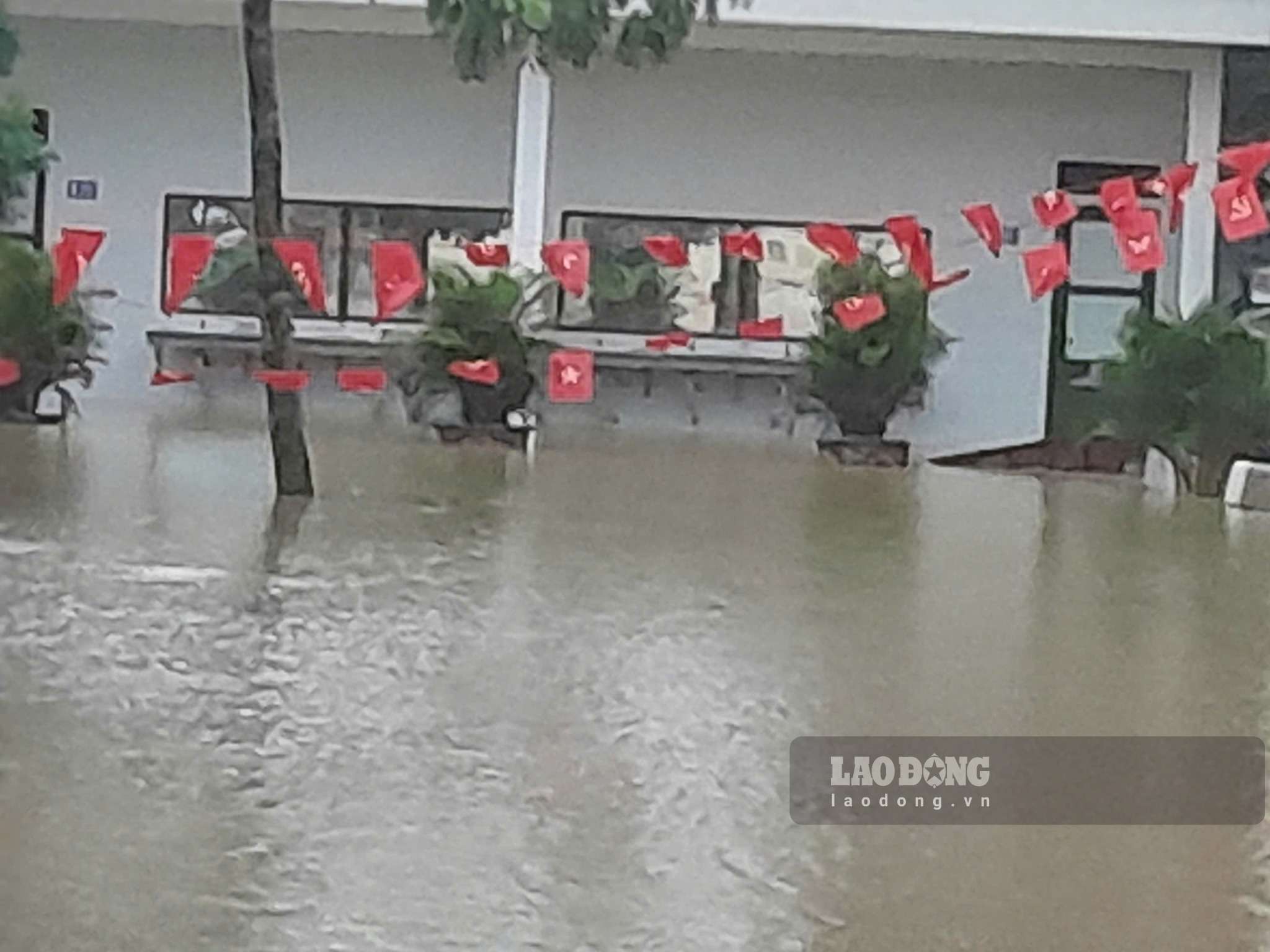 Toàn bộ khuôn viên nhà trường đều bị ngập (ảnh chụp sáng ngày 16.9). Ảnh: Nguyễn Trường