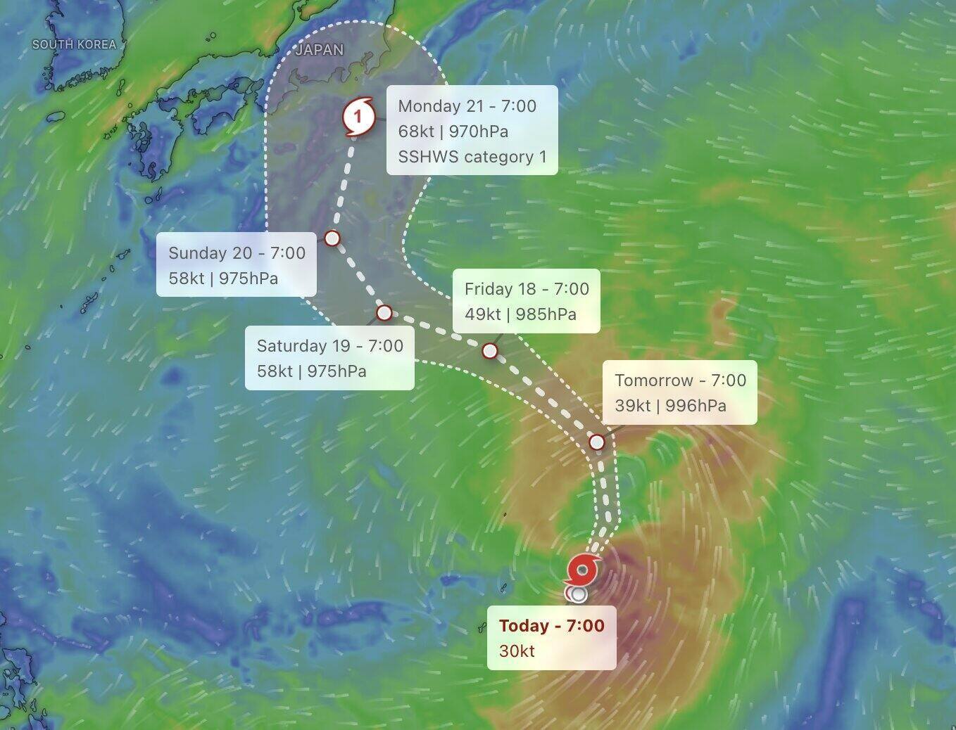 Forecast of the path and intensity of tropical depression LPA 09d, with the possibility of strengthening as it moves towards Japan. Photo: Windy