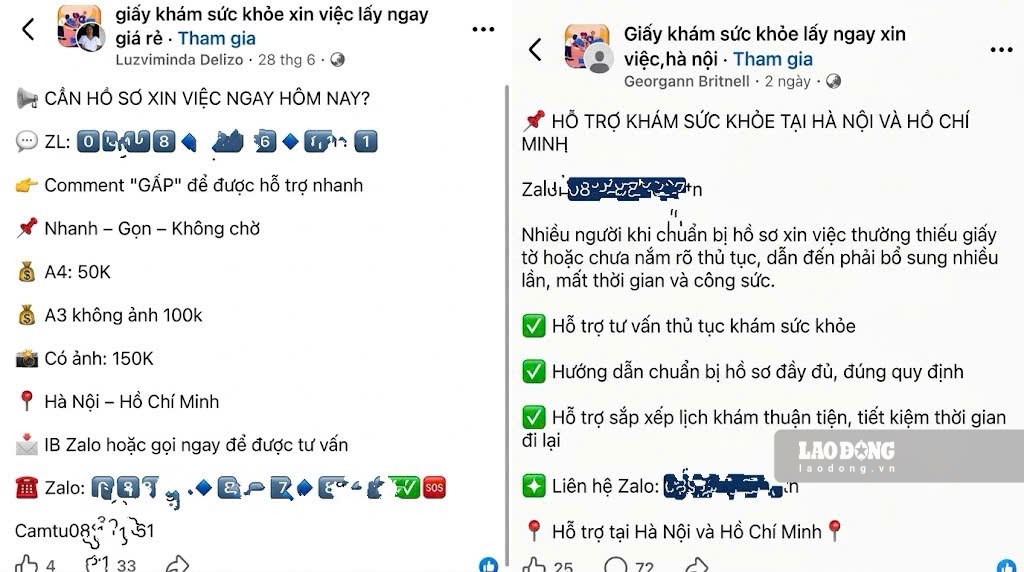 Trên Facebook, người tìm việc dễ dàng bắt gặp hàng loạt lời quảng cáo Giấy bán sức khỏe
