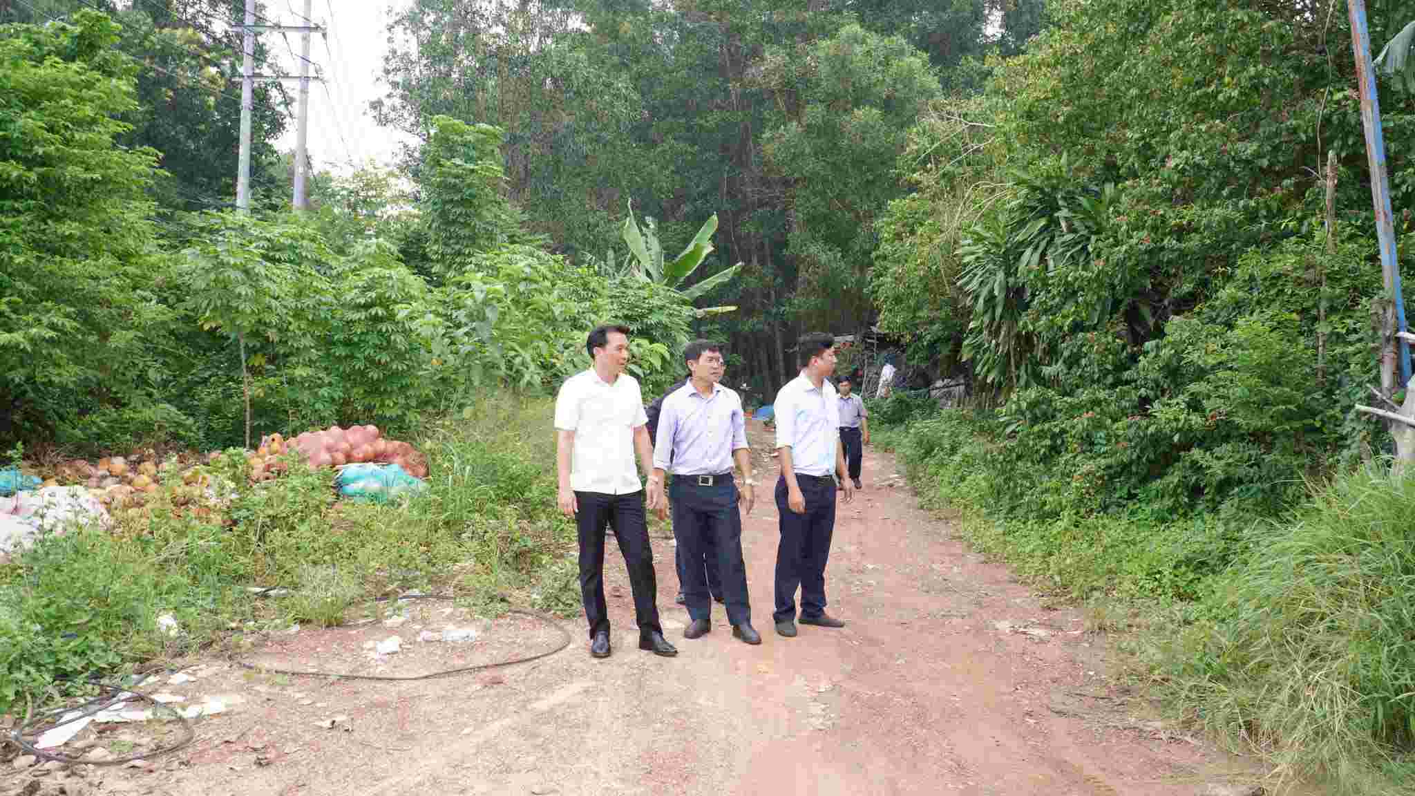 Leaders of Dong Hoa ward survey and mobilize people to hand over land to implement the project. Photo: Dong Hoa Ward People's Committee
