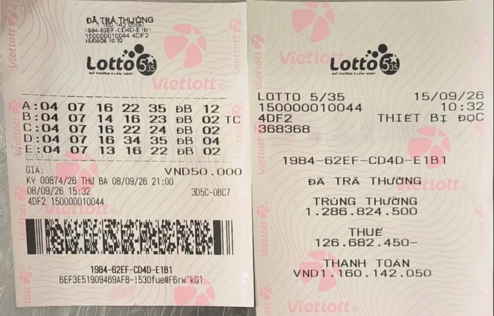 Những tấm vé trúng thưởng của anh Hạnh với dãy số trúng thưởng 04 – 07 – 14 – 16 – 23. Ảnh: Xổ số Vietlott