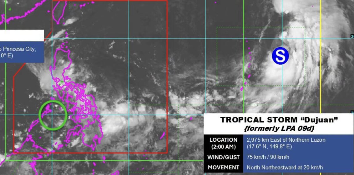Vị trí bão Dujuan và áp thấp LPA 09e lúc 2 giờ ngày 17.9 (giờ Philippines). Ảnh: PAGASA