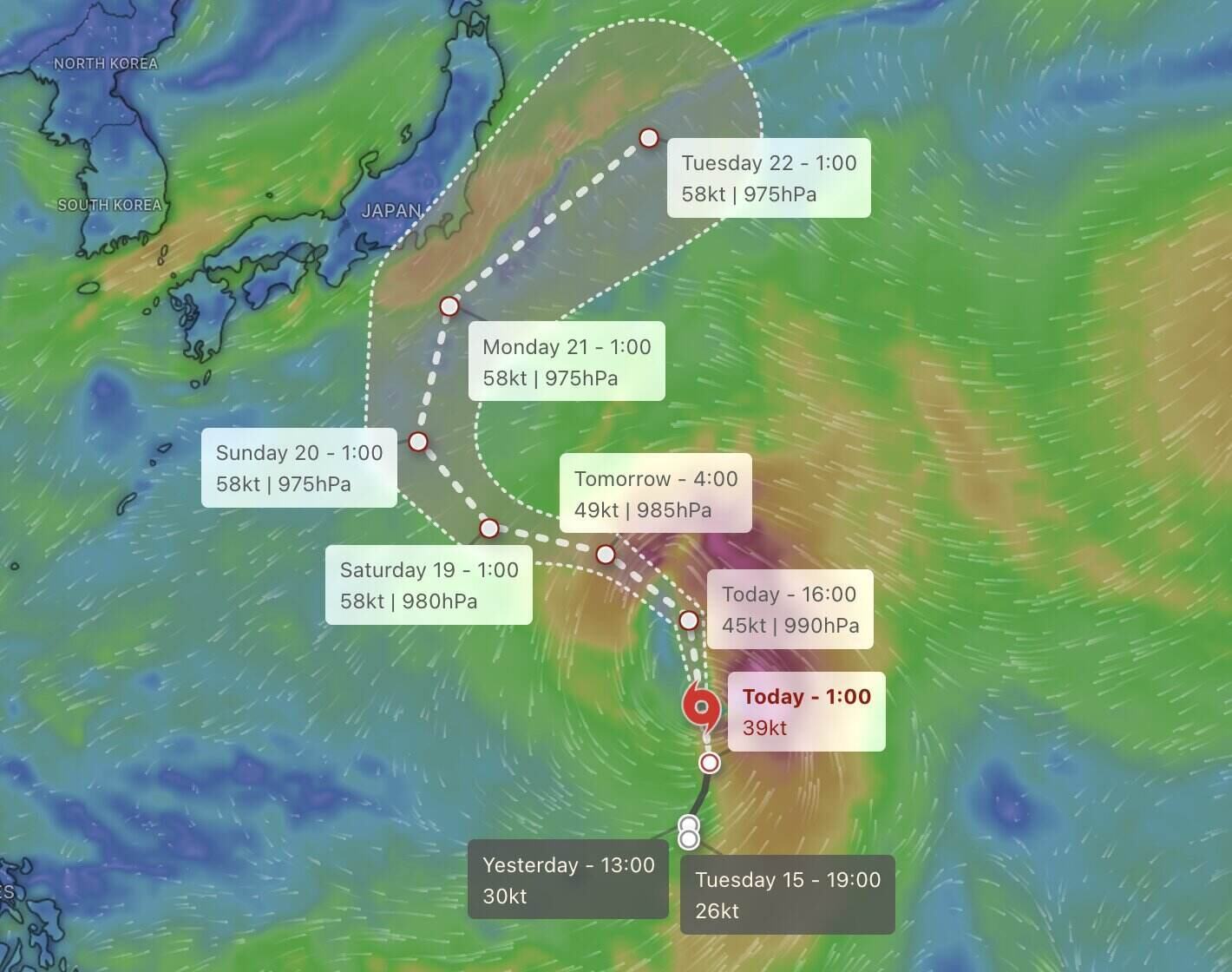 Forecast intensity and trajectory of tropical storm Dujuan from September 17-22. Photo: Windy