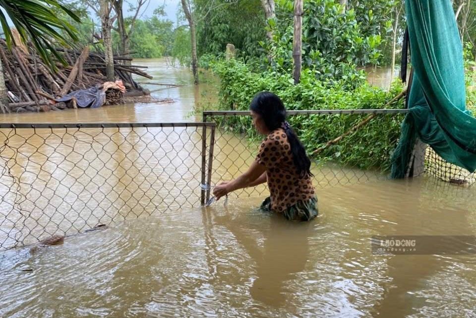 On the morning of September 17, people in Thach Binh commune struggled because the floodwaters of the Buoi River rose. Photo: Quach Du