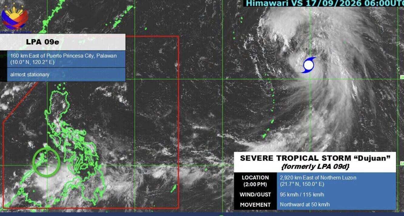 Hình ảnh vệ tinh và vị trí bão Dujuan cùng áp thấp LPA 09e lúc 14h ngày 17.9 (giờ Philippines). Ảnh: PAGASA