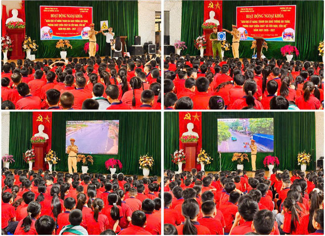 Đổi mới tuyên truyền bằng các hình ảnh trực quan về biển báo giao thông đến học sinh. Ảnh: CSGT Lào Cai