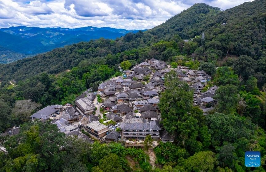 Looking up, Ong Co village nestles among ancient tea forests on Canh Mai mountain, Pu'er city, Yunnan province, China. Photo: Xinhua broadcast on September 17, 2026
