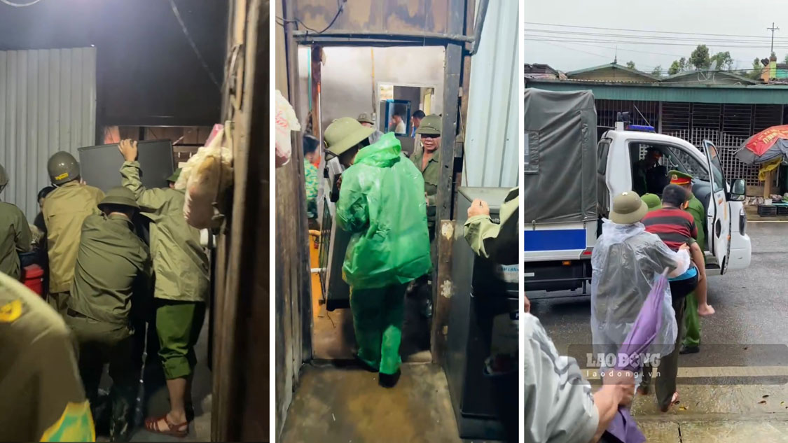 Công an xã Gia Hội, tỉnh Lào Cai hỗ trợ người dân di dời khỏi khu vực có nguy cơ sạt lở. Ảnh: Quỳnh Trang
