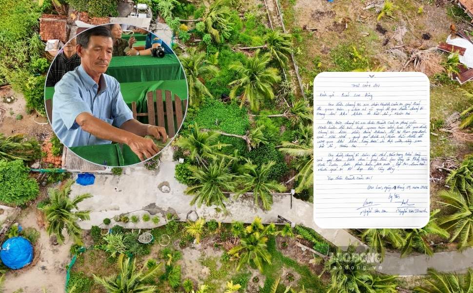 Người dân xã Hòa Hội (Gia Lai) viết thư cảm ơn Báo Lao Động sau khi được nhận đúng khoản hỗ trợ khôi phục sản xuất sau bão. Ảnh: Hoài Luân