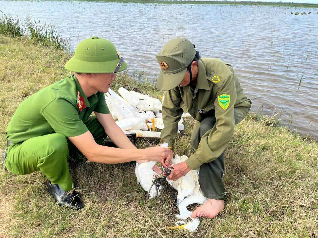 Lực lượng chức năng tháo gỡ bẫy chim trời. Ảnh: Công an xã Lệ Thủy