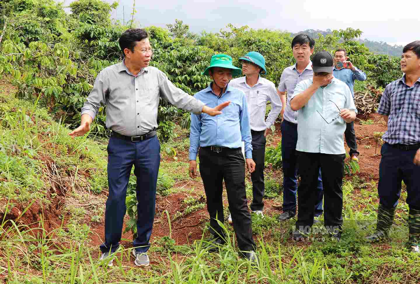 Ông Lưu Văn Trung - Chủ tịch HĐND tỉnh Lâm Đồng cùng đoàn công tác kiểm tra trực tiếp khu vực nứt lún tại thôn Đắk Snao vào ngày 19.9. Ảnh: Phúc Khánh