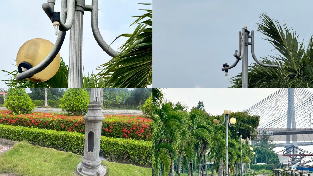 Các trụ đèn hư hỏng trên tuyến bờ kè được địa phương rà soát để có phương án thay thế. Ảnh chụp ngày 19.9.2026, tại Bờ kè sông Cổ Chiên qua phường Tân Ngãi. Ảnh: Hoàng Lộc