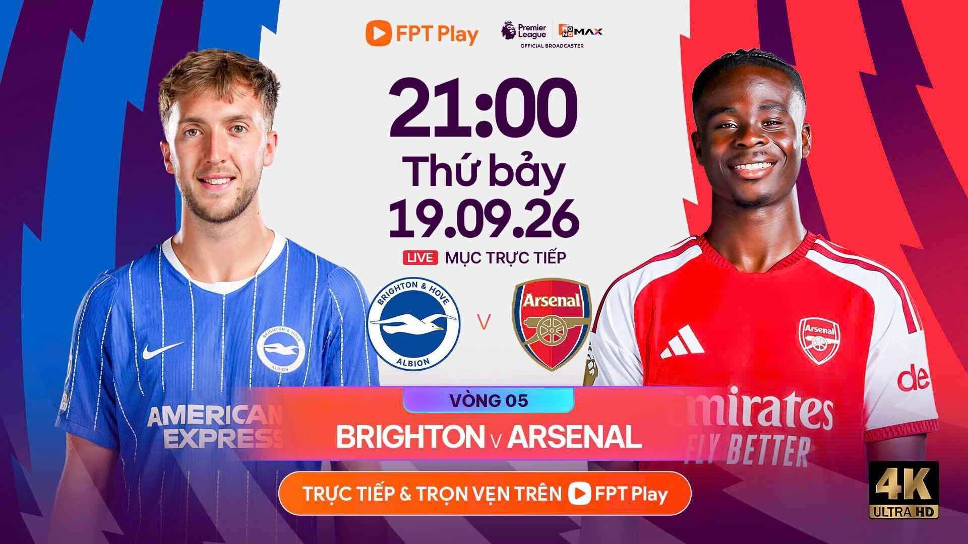 Lien pour regarder Brighton vs Arsenal en direct. Photo: FPT Play