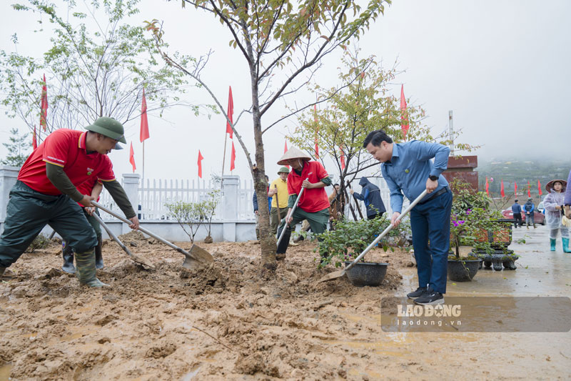 Planting trees is one of the specific activities implemented by the Sa Pa Ward Trade Union in response to the "Green Sa Pa" movement. Photo: Quynh Anh