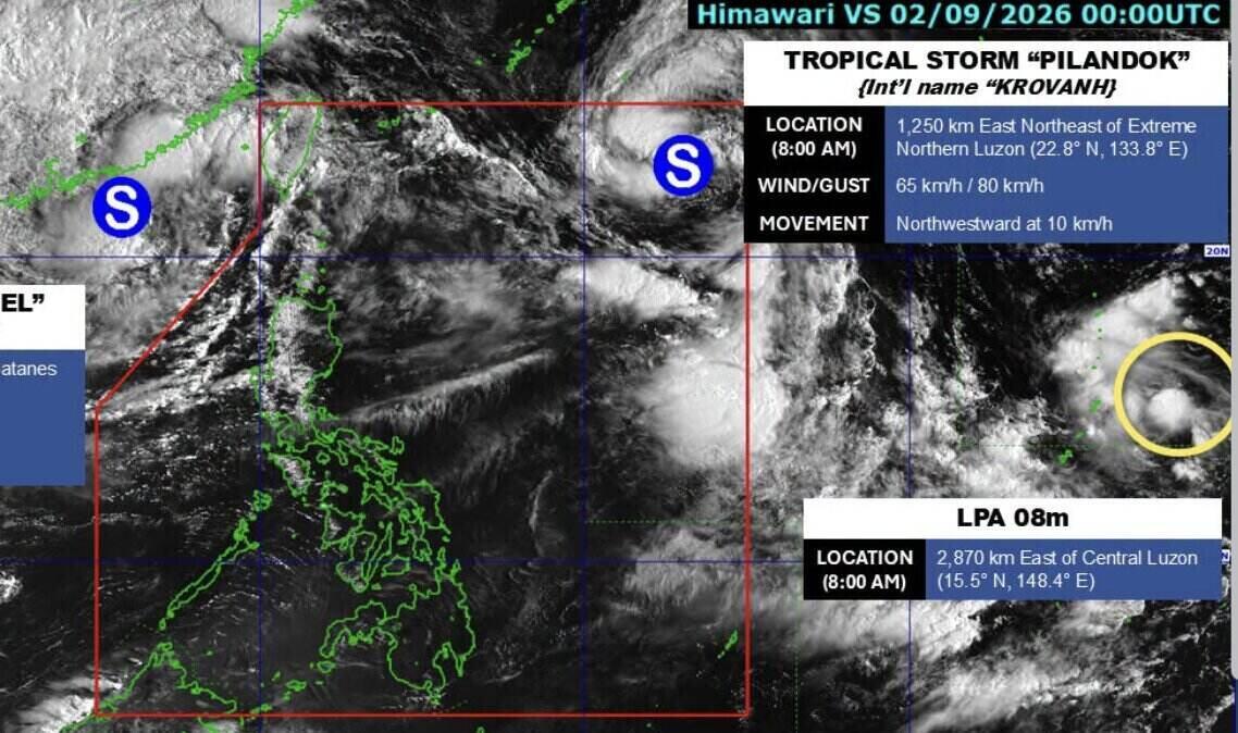 Satellite images show that tropical storms Pilandok and Saudel are operating around the Philippines, while a low pressure area of 08m is being monitored in the east, updated at 8:00 AM on September 2nd (Philippines time). Photo: PAGASA