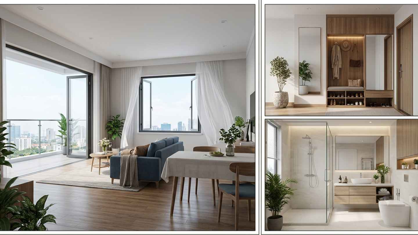 Căn hộ có thiết kế thông thoáng, tận dụng tốt ánh sáng và gió tự nhiên. Ảnh có sự hỗ trợ của AI