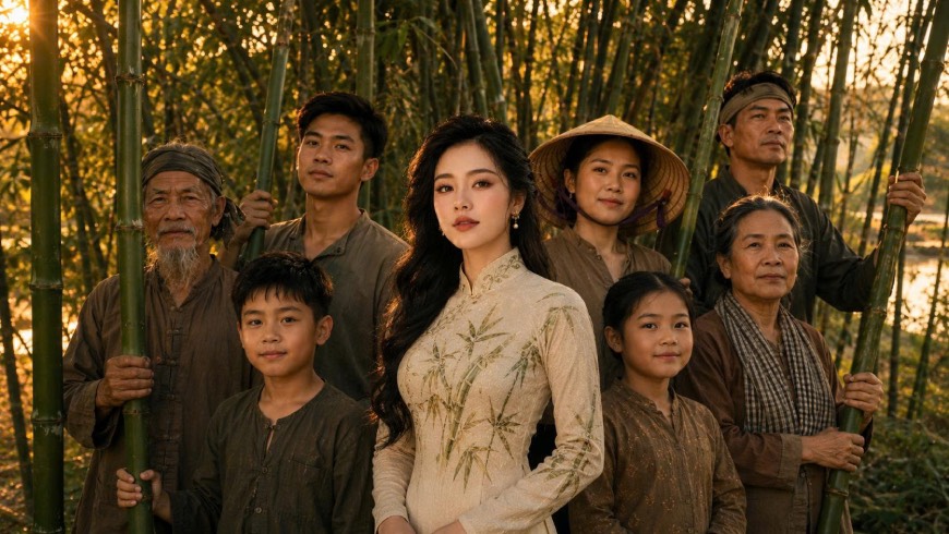 AI/T xuất hiện trong MV “Tre Việt Nam”, khai thác hình ảnh cây tre gắn với tuổi thơ, gia đình và làng quê Việt. Ảnh: Nhạc sĩ cung cấp. 