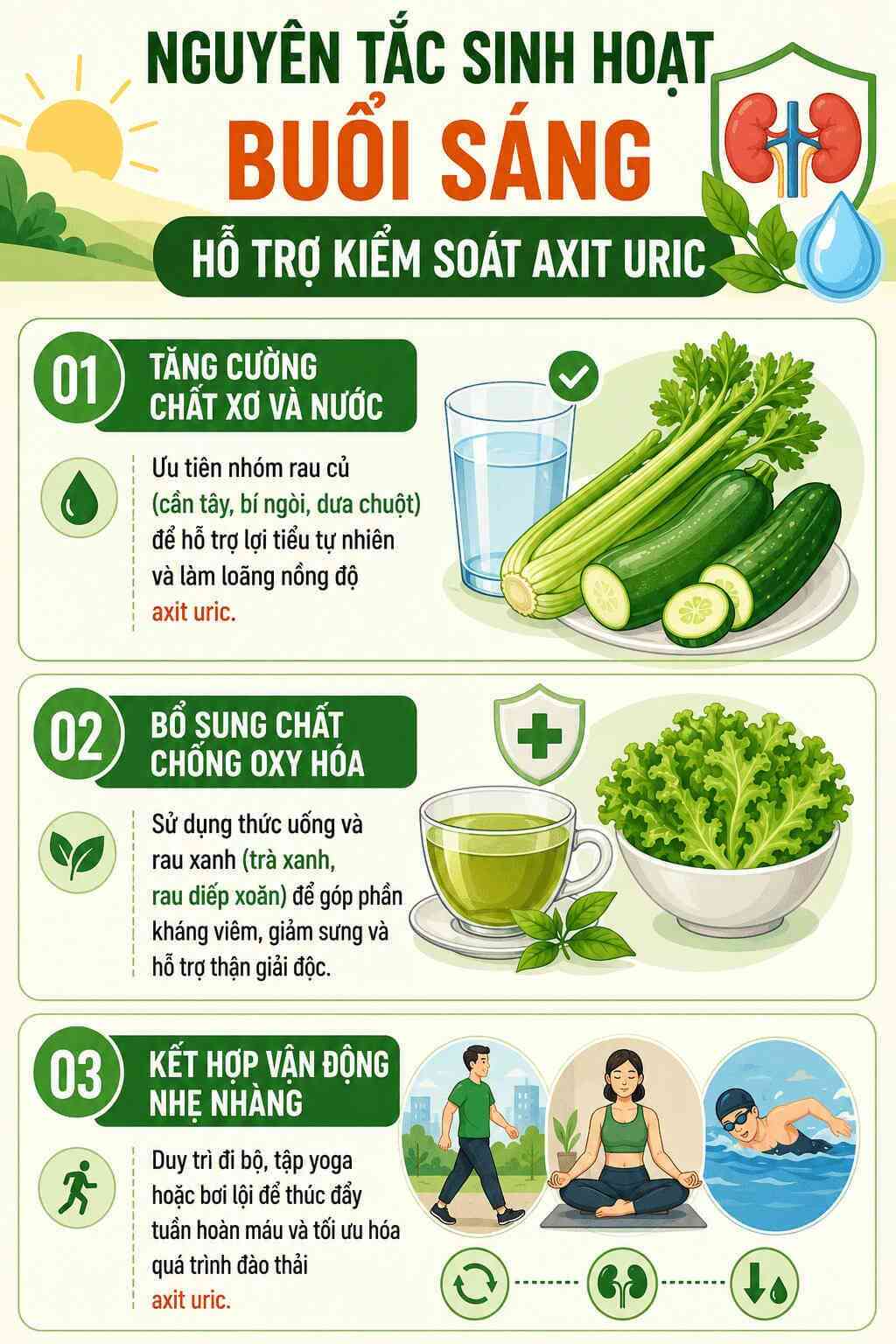 Infographic: Nguyên tắc kết hợp dinh dưỡng và vận động buổi sáng hỗ trợ hạ axit uric. Đồ họa: AI