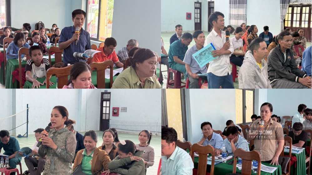 Người dân vùng hạ du tích cực trao đổi, phát biểu ý kiến và nêu những vấn đề thực tế liên quan đến công tác phòng, tránh và giảm nhẹ thiên tai tại chương trình tuyên truyền. Ảnh: Văn Nhân  