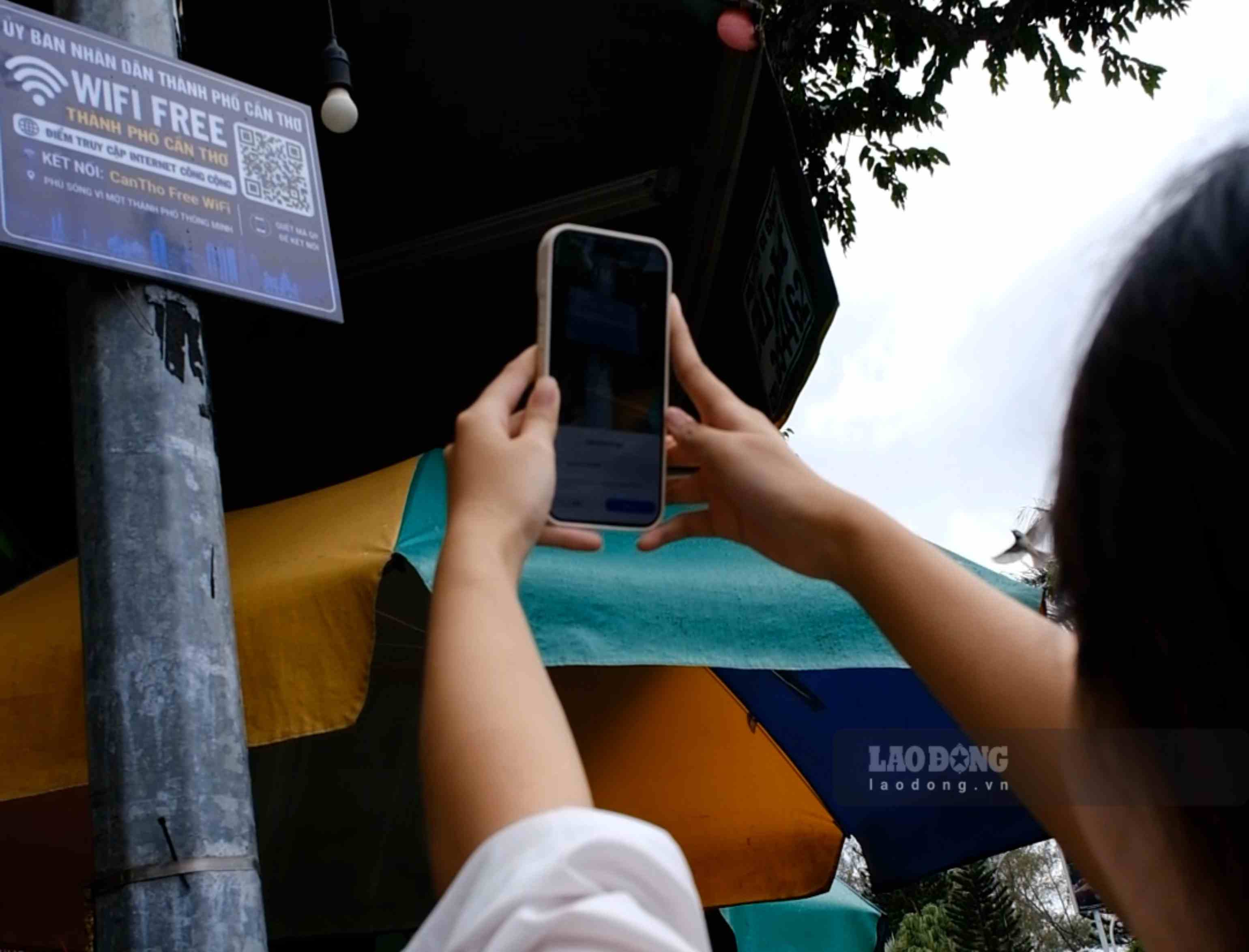 Du khách trải nghiệm Wi-Fi công cộng miễn phí tại khu vực Bến Ninh Kiều. Ảnh: Mỹ Ly