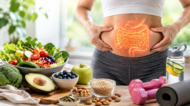 Eating healthily and increasing exercise are natural ways to help support visceral fat reduction. Photo created by AI