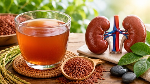 El agua de arroz integral es consumida por muchas personas por la mañana con la esperanza de apoyar la función renal. Foto creada por la IA