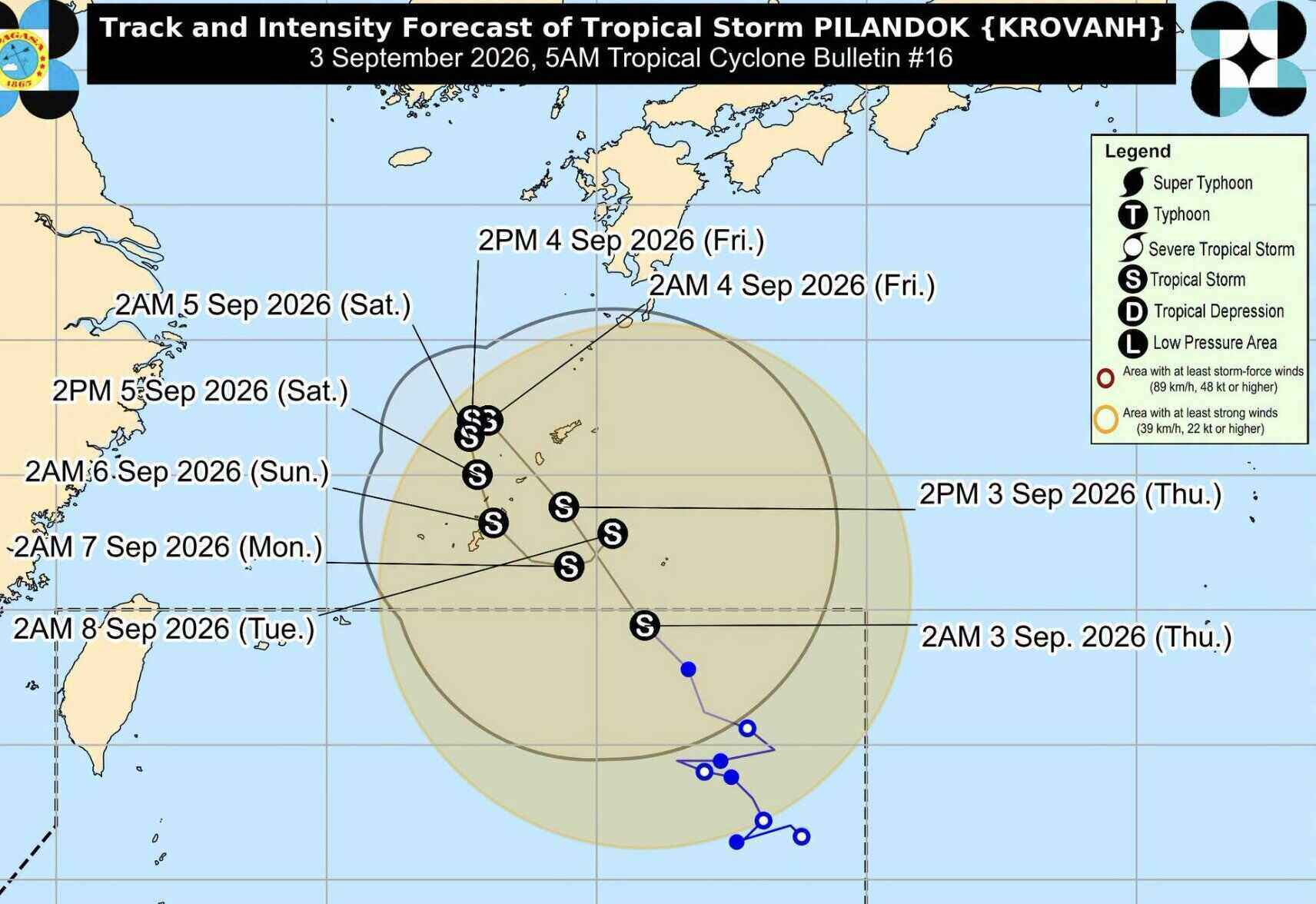 Forecast of movement direction and intensity of Typhoon Pilandok from May 3-5. 9. Photo: PAGASA