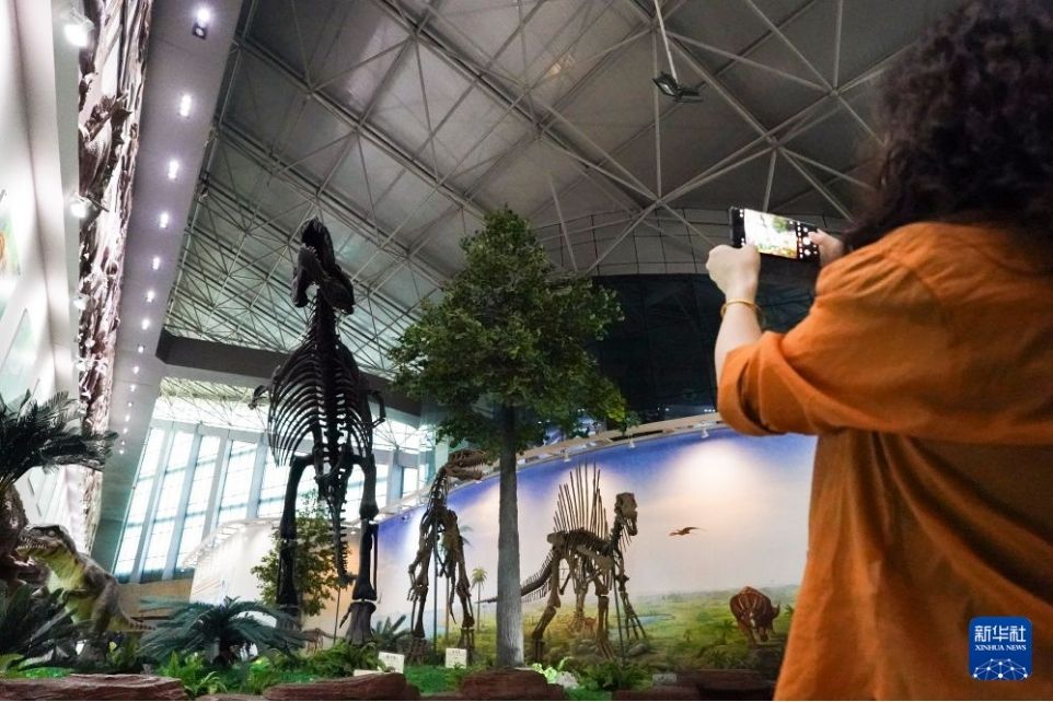 Young people are excited to check-in next to giant dinosaur skeletons, experiencing the "space travel" feeling of prehistoric times at the Chau Gia Am Dinosaur Museum (Hac Long Giang, China). Photo: Xinhua broadcast on September 18
