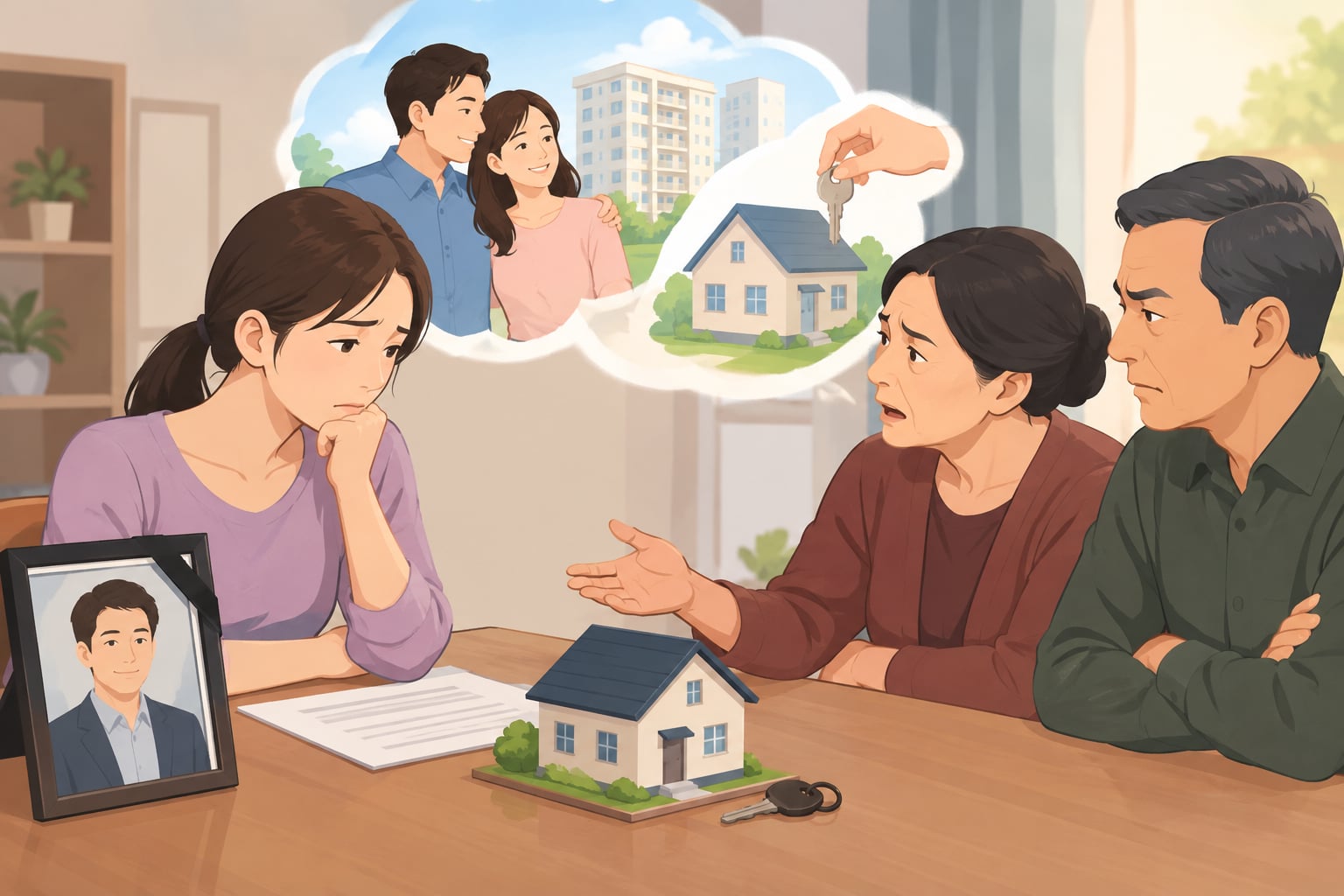 After her husband passed away, the wife faced opposition from her parents-in-law when they wanted to sell the house to pay off debts. Photo: AI