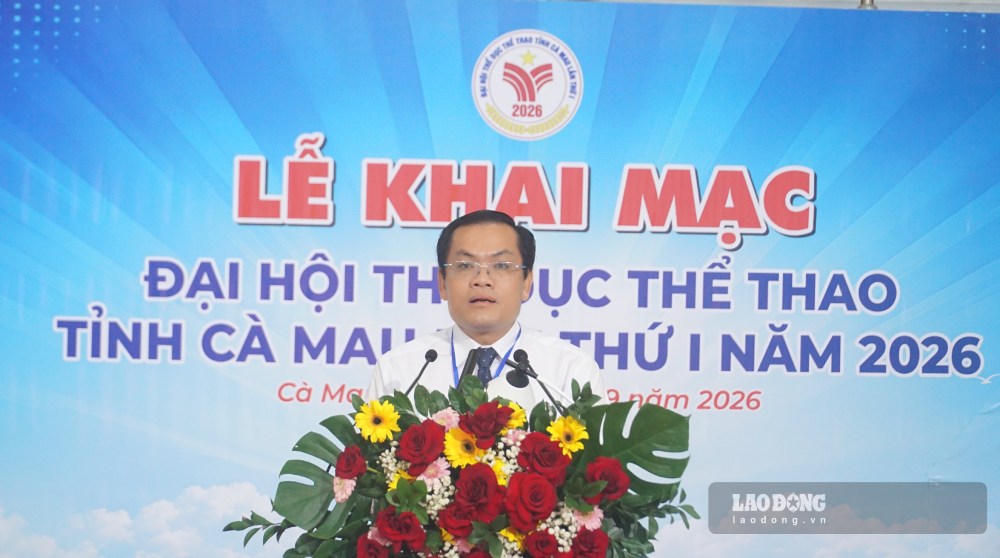 Phó chủ tịch UBND tỉnh Cà Mau Ngô Vũ Thăng phát biểu khai mạc Đại hội (ảnh chụp ngày 20.9.2026). Ảnh: Nhật Hồ.