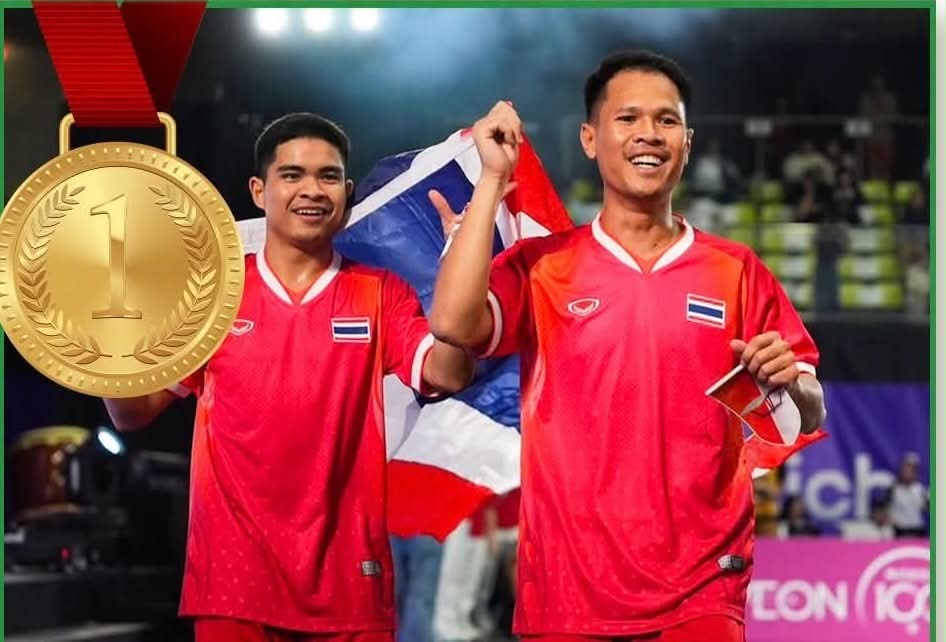 Two Thai Teqball athletes win ASIAD 20 gold medal in men's doubles. Photo: Thai Sports Delegation
