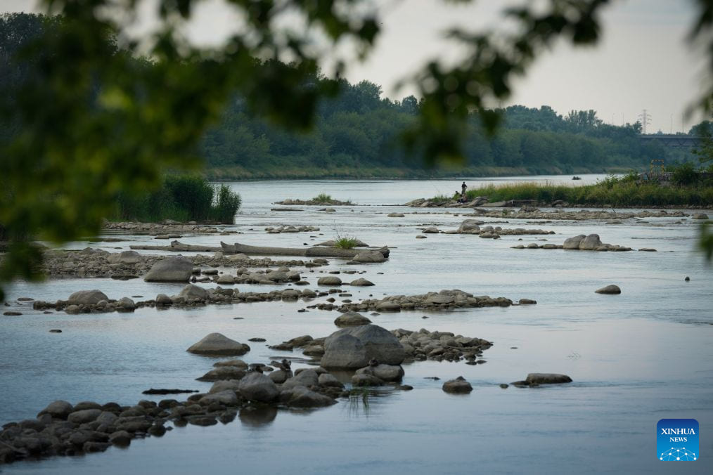 Low water levels reveal shallow water areas on the Vistula River in Warsaw, Poland on July 13, 2026. Photo: Xinhua