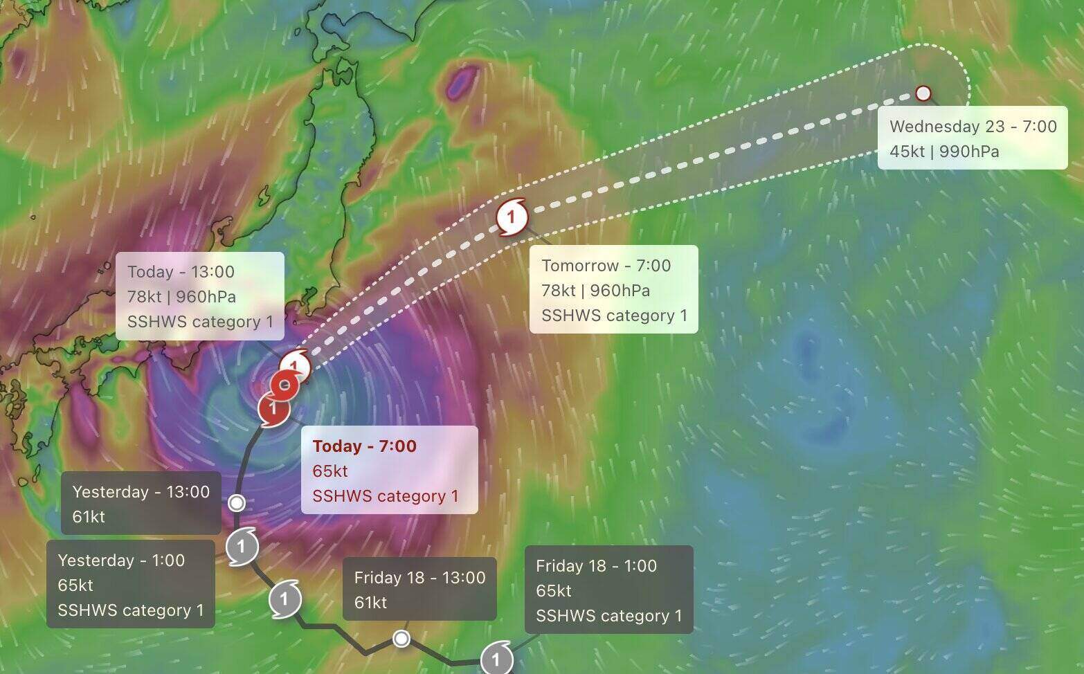 Dự báo đường đi của bão Dujuan từ ngày 21-23.9. Ảnh: Windy